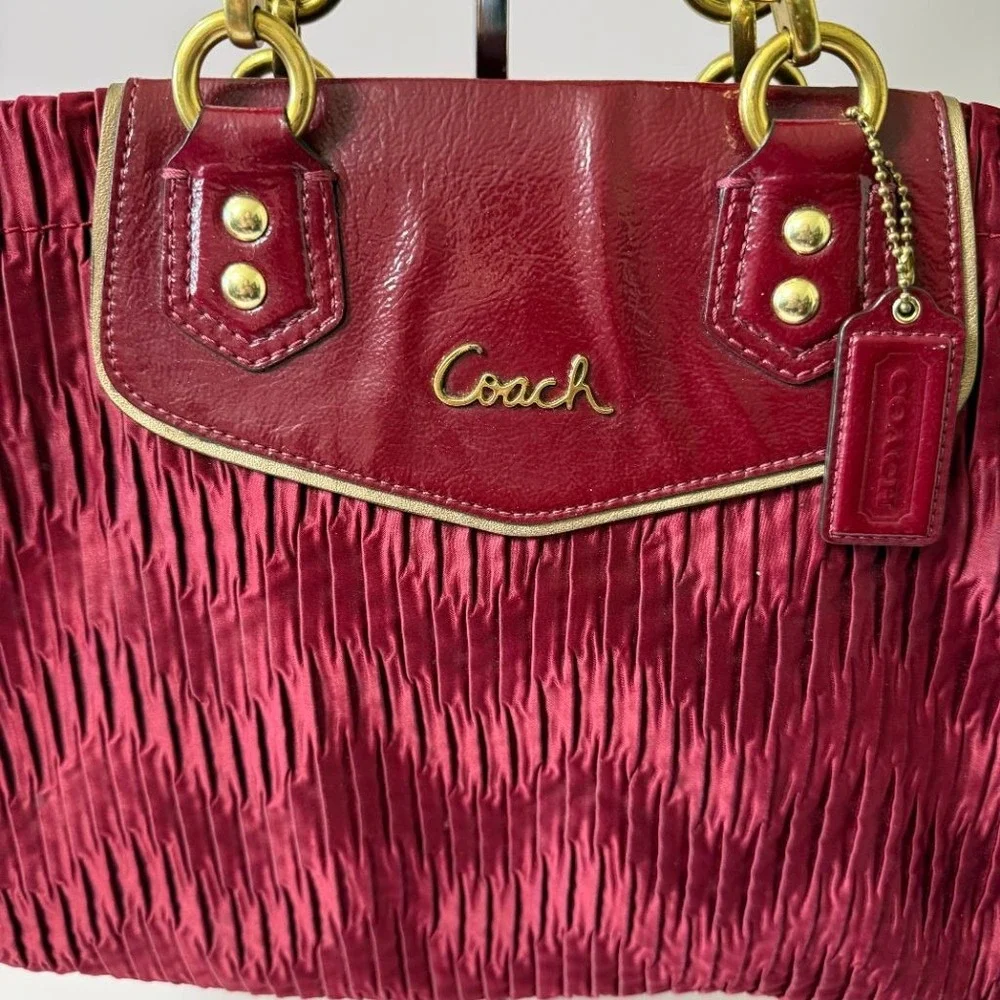 Coach Ashley Gathered Twist Satin Satchel Burgundy Patent Leather Bag F20050